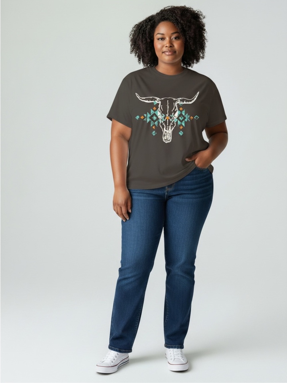 Plus Size Brown Graphic Tee with Aztec Bull Skull